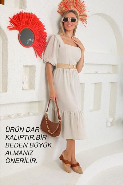asur boutique Rochie pentru femei Asur Boutique de in, cu curea, guler pătrat, slim fit Cumpărați o mărime mai mare