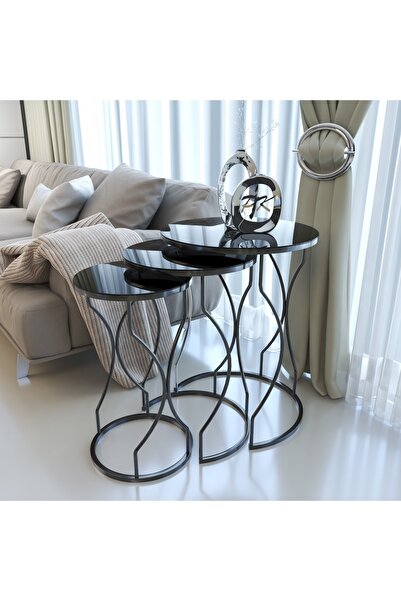 Puklife Rüya 3lü Zigon Sehpa Siyah Renk Metal Ayak Siyah Ayna