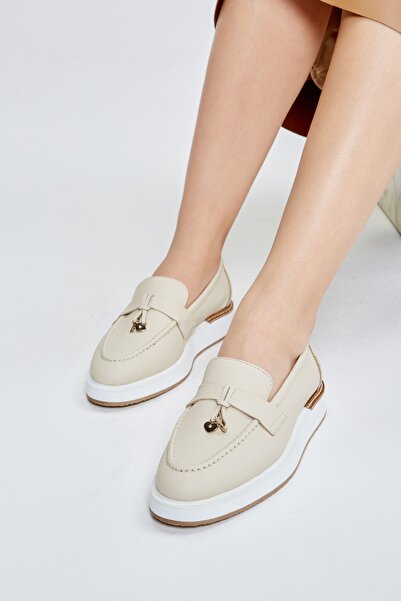 Valmenti Olympe Kadın Bej Floter Hakiki Deri Loafer Ayakkabı