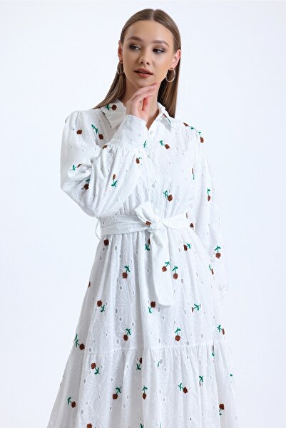 MD trend Women's Brown Belted Floral Embroidered Shirt Collar Balloon Sleeve Lined Long Embroidery Dress