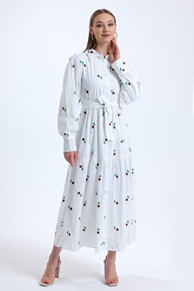 MD trend Women's Brown Belted Floral Embroidered Shirt Collar Balloon Sleeve Lined Long Embroidery Dress