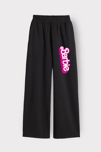 EFBUTİK Black 3D Barbie Written Wide Leg Sweatpants