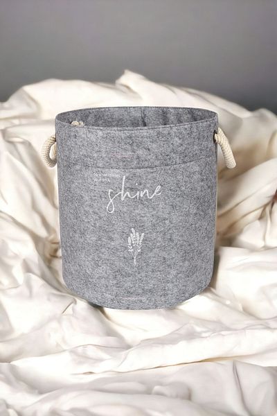 Milenay Gray Colored Maxi Size Round Basket - Multi-Purpose, with Felt Handles, 24X22Cm