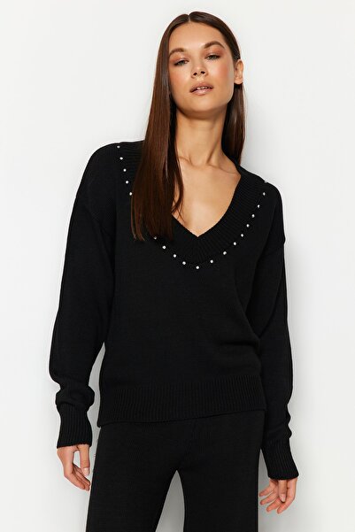 Trendyol Collection Fekete széles szerszámkő részletes kötöttáru alsó-felső készlet TWOAW24AU00008