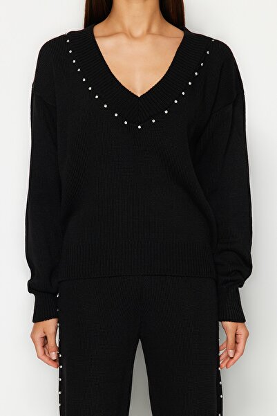 Trendyol Collection Fekete széles szerszámkő részletes kötöttáru alsó-felső készlet TWOAW24AU00008