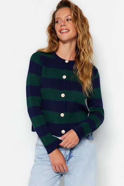 Trendyol Collection Marineblau gestreifter Strick-Cardigan – Jackenoptik, TWOAW24HI00091