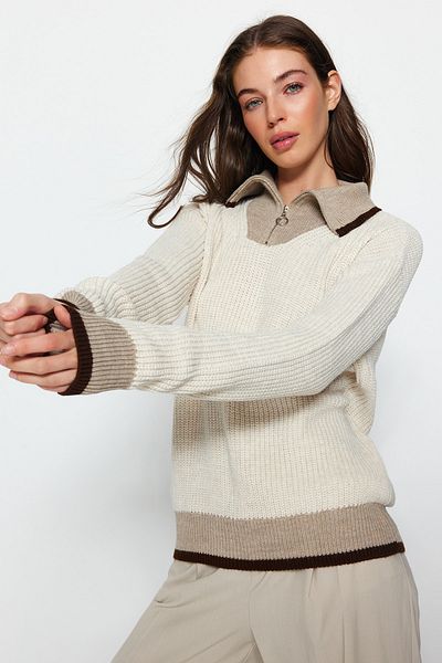 Trendyol Collection Pulover din tricot cu bloc de culoare din nurcă cu fermoar - TWOAW24KZ00369