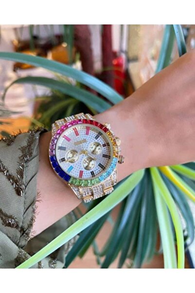 ÇENÇEN Full Zirkon Taşlı 41. Mm Gold Erkek Kadın Kol Saati