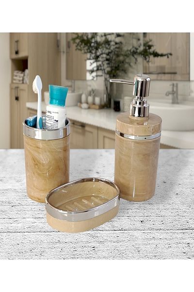 İmera Acrylic Round 3 Piece Marble Pattern Bathroom Set (COLOR; CREAM-SILVER)