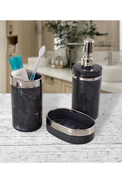 İmera Acrylic Round 3 Piece Marble Pattern Bathroom Set (COLOR; GRAY-SILVER)