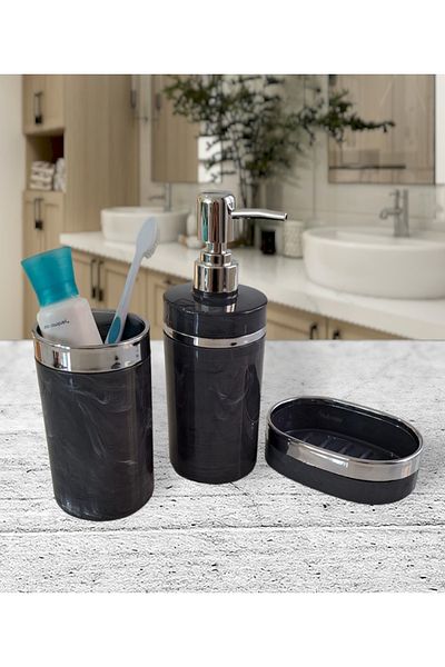 İmera Acrylic Round 3 Piece Marble Pattern Bathroom Set (COLOR; GRAY-SILVER)