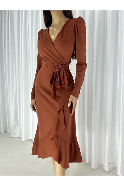 rengafashion Rochie de damă din țesătură creponată, lungime midi, cu mânecă lungă, cu curea (țiglă)