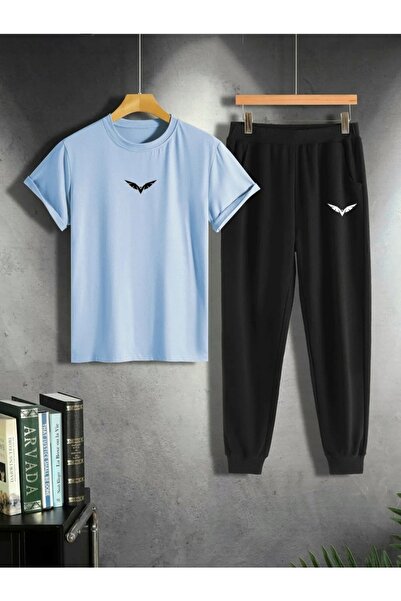 Sky Light تي شيرت Wing Baby Blue بنطال رياضي أسود - طقم علوي مطبوع برقبة دائر...