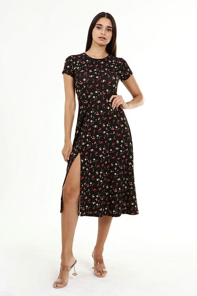 KİM Kİ O Rochie neagră de damă, lungă cu fantă, cu modele florale multiple