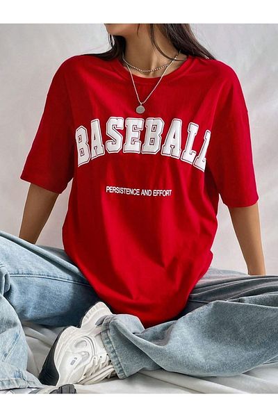 Benisengiydir Women's Red Baseball Printed Oversize Crew Neck T-Shirt