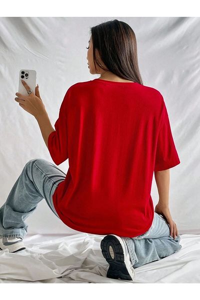Benisengiydir Women's Red Baseball Printed Oversize Crew Neck T-Shirt