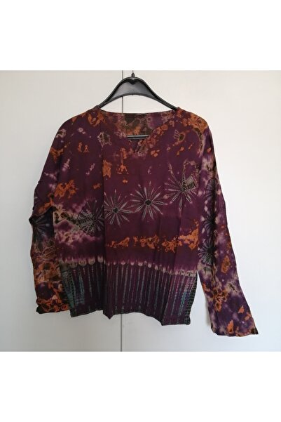 Butik Tülin otantik pamuk tülbent mor çok renkli etraflı batik ince bluz