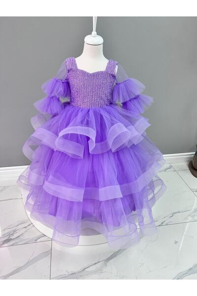 Azize çoçuk kostüm evi Pul Payet Kolu Tül Detay Elbise