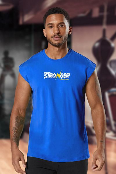 BESSA Men's Stronger Printed Blue Oversize Crew Neck Cotton Sleeveless T-Shirt/Athlete