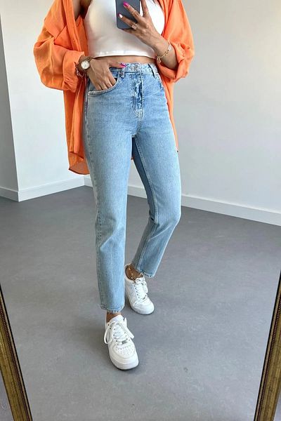 MAKRAS EXCLUSIVE Blugi Mom de damă Blue Snow Wash Pantaloni din lycra cu talie înaltă