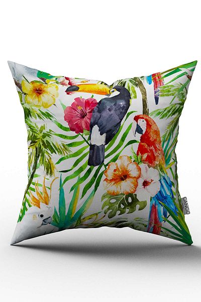 Cango Home Husă de pernă albă, cu două fețe, cu flori tropicale și model de păsări, imprimată digitală - Yst07-c