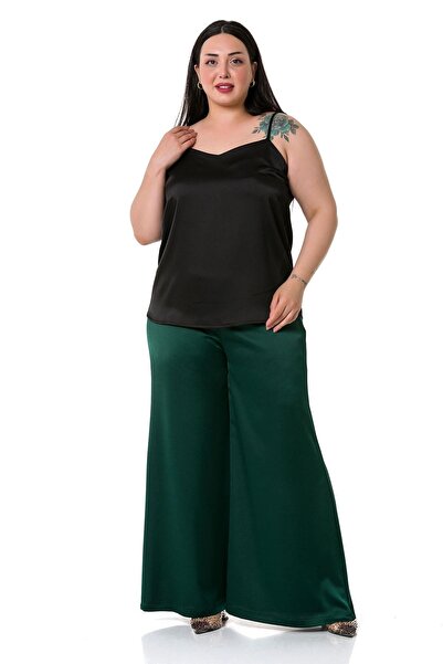 DISENTIS MODEST Plus Size Wide Leg Satin Emerald Green Trousers with Elastic Waist and Back