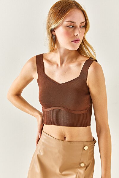 Olalook Дамска плетена блуза с горчиво кафе и презрамки BLZ-19001363