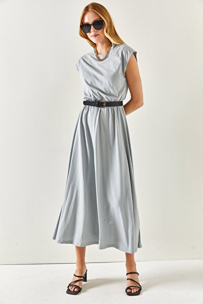 Olalook Women's Gray Elastic Waist Bat Combed Cotton Dress ELB-19001509