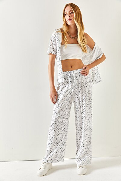 Olalook Dámské tkané viskózové kalhoty Palazzo s modrým vzorem PNT-19000236