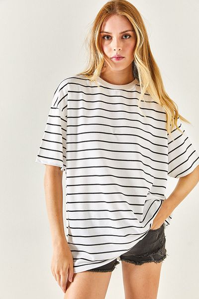 Olalook Γυναικείο μπλουζάκι Unisex με 2 κλωστές, λευκό ριγέ TSH-19000764
