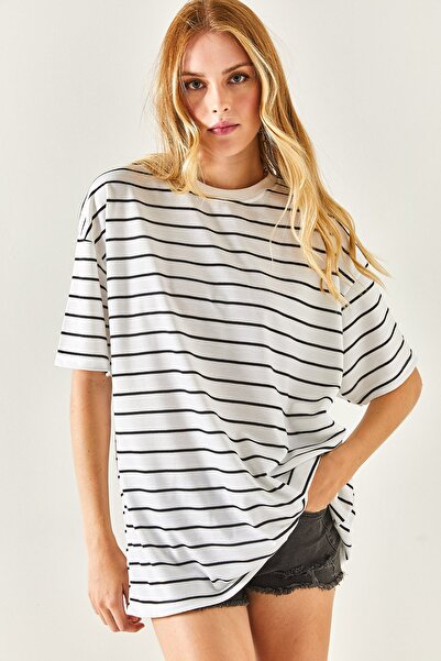 Olalook Γυναικείο μπλουζάκι Unisex με 2 κλωστές, λευκό ριγέ TSH-19000764