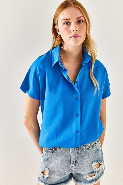 Olalook Saks kék túlméretezett vászon női ing - denevér ujjú GML- 19001109