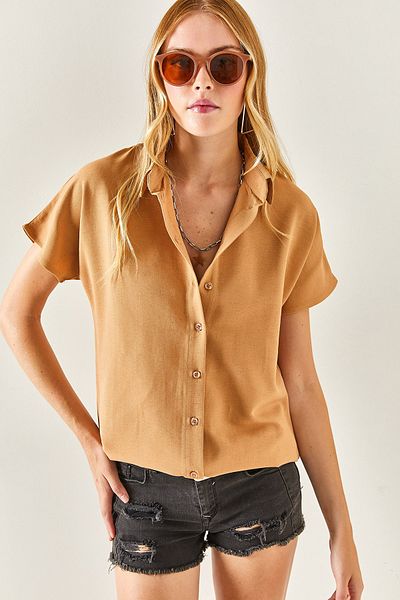 Olalook Camel Linen Oversize Shirt - Bat Sleeve Gml- 19001109