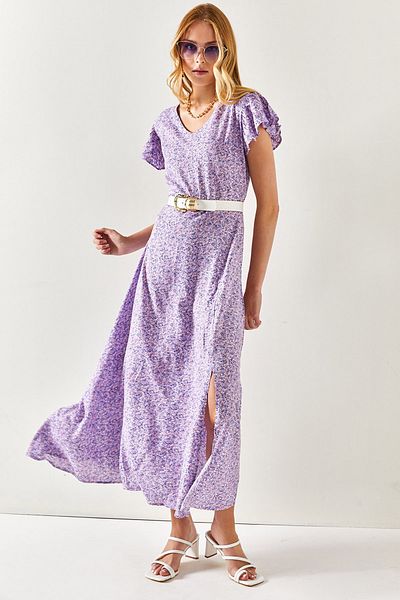 Olalook Women's Lilac V-Neck Shoulder Detailed Slit Woven Viscose Dress ELB-19001938