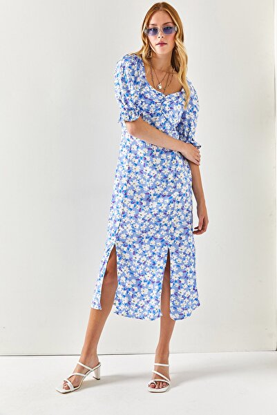 Olalook Women's Blue White Heart Collar Double Slit Woven Viscose Dress ELB-19001936