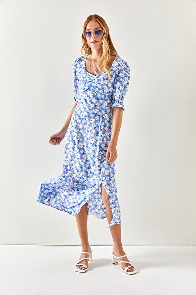 Olalook Women's Blue White Heart Collar Double Slit Woven Viscose Dress ELB-19001936