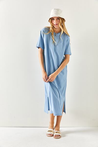 Olalook Rochie supradimensionată din bumbac cu fantă laterală indigo pentru femei ELB-19001880