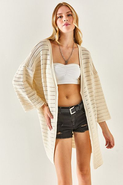 Olalook Women's Ecru Perforated Openwork Long Cotton Knitwear Cardigan HRK-19000229