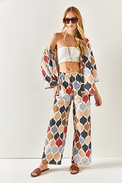 Olalook Women's Baklava Brown Belted Patterned Linen Palazzo Trousers PNT-19000226