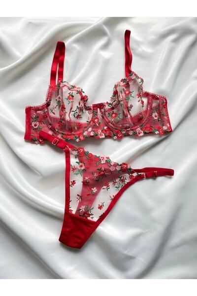 mefbutik Set sutien cu sârmă cu sârmă cu flori roșii