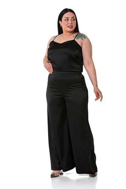 DISENTIS MODEST Plus Size Wide Leg Satin Black Trousers with Elastic Waist and Back