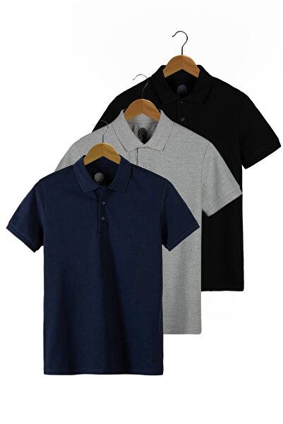 VEAVEN 3'lü Renkli %100 Pamuk Slim Fit Polo Yaka T-shirt Paketi