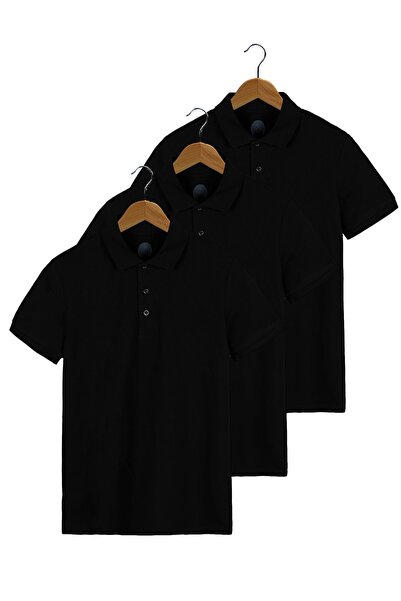 VEAVEN 3'lü Siyah %100 Pamuk Slim Fit Polo Yaka T-shirt Paketi