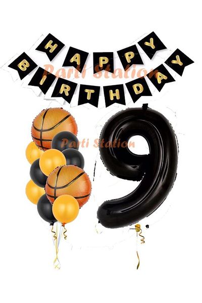 Parti Station Basketball Concept 9 Years Old Black Balloon Set Basketball Theme Birthday Balloon Set
