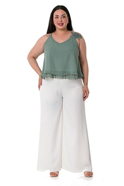 DISENTIS MODEST Large Size Wide Leg Satin White Trousers with Elastic Waist and Back