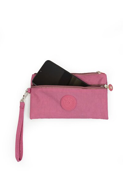 İMAKS Crinkle/Clinkir Water Repellent Ύφασμα με 2 φερμουάρ Λουράκι καρπού για κινητό τηλέφωνο Τσάντα χειρός Πορτοφόλι Rose Pink 1115