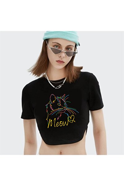 Touz مواء مواء القط المطبوعة المحاصيل السوداء