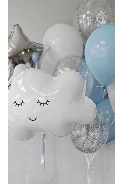 MERİ PARTİ BULUT FOLYO BALON MAVİ ŞEFFAF BEYAZ LATEKS BALON GÜMÜŞ YILDIZ BALO...
