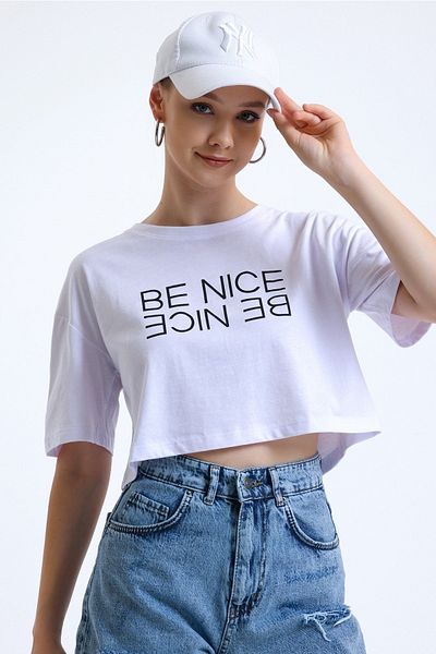 MD trend Women's White Printed Crew Neck Basic Crop T-shirt