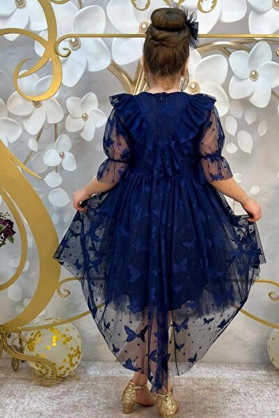 Riccotarz Dívčí motýlí vzorované, průhledné detailní tmavě modré šaty s ocasem